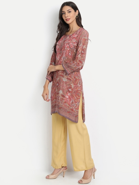 

HOUSE OF KARI Peach-Coloured & Grey Printed Tunic With Embroidered Detail