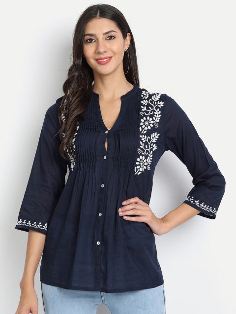 

HOUSE OF KARI Navy Blue & White Embroidered Tunic