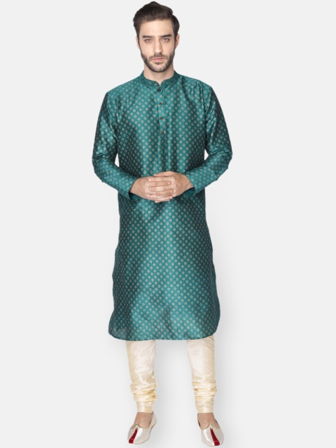 

NAMASKAR Men Green Printed Dupion Silk Kurta with Churidar