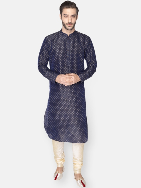 

NAMASKAR Men Navy Blue Ethnic Motifs Printed Dupion Silk Kurta with Churidar