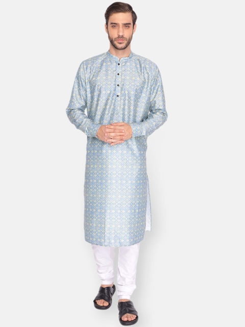 

NAMASKAR Men Blue & White Ethnic Motifs Pure Cotton Kurta with Churidar