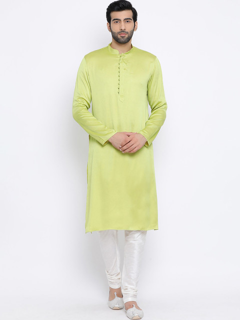 

NAMASKAR Men Fluorescent Green Solid Pure Silk Kurta with Churidar