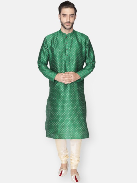 

NAMASKAR Men Green Ethnic Motifs Printed Dupion Silk Kurta with Churidar
