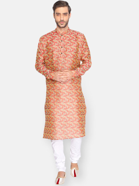 

NAMASKAR Men Orange & White Printed Pure Cotton Kurta With Churidar