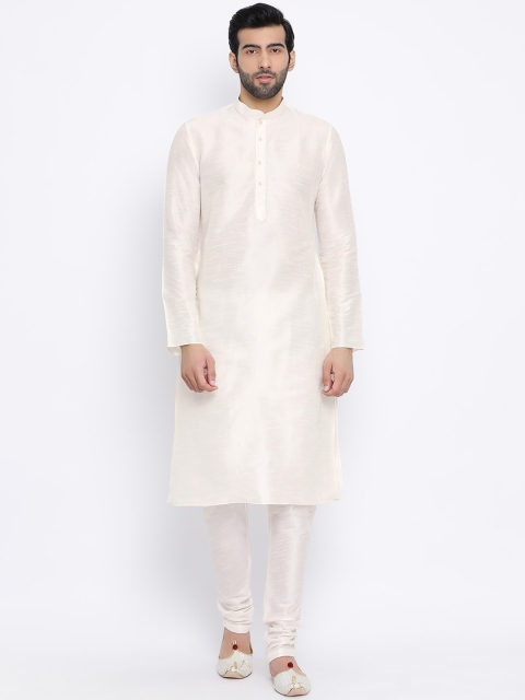 

NAMASKAR Men Off White Solid Dupion Silk Kurta with Churidar