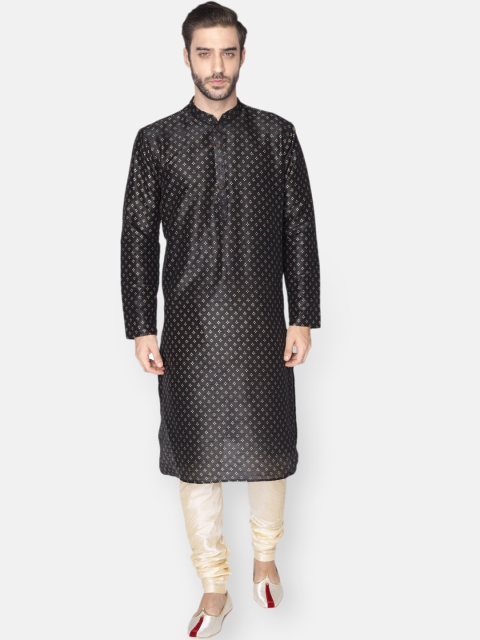 

NAMASKAR Men Black Ethnic Motifs Printed Dupion Silk Kurta with Churidar