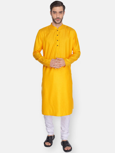 

NAMASKAR Men Yellow Pleated Pure Cotton Kurta with Pyjamas