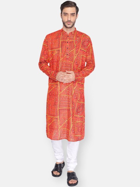 

NAMASKAR Men Red Printed Pure Cotton Kurta with Churidar