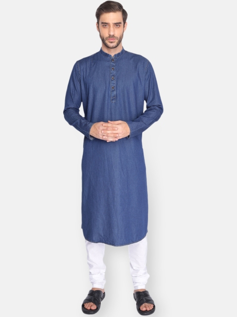 

NAMASKAR Men Blue Pleated Pure Cotton Kurta with Pyjamas