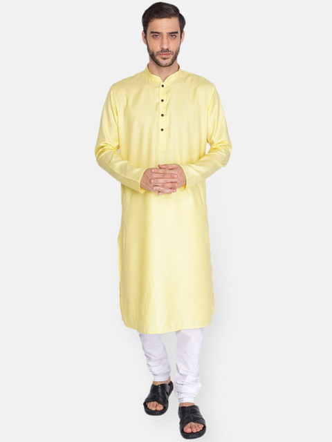 

NAMASKAR Men Yellow & White Woven Design Pure Cotton Kurta with Churidar