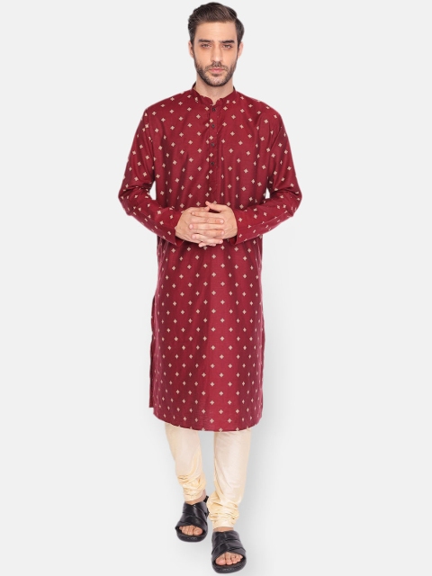 

NAMASKAR Men Maroon Printed Pure Cotton Kurta with Pyjamas