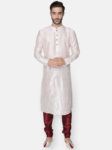 

NAMASKAR Men White Printed Dupion Silk Kurta with Pyjamas