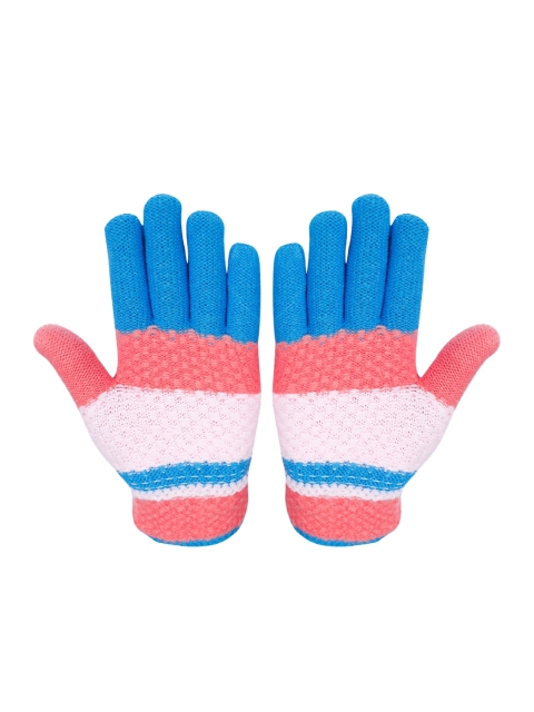 

LOOM LEGACY Women Blue & Peach-Coloured Striped Gloves