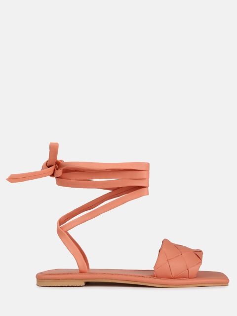 

Missguided Women Peach-Coloured Woven Design Ankle Loops Open Toe Flats