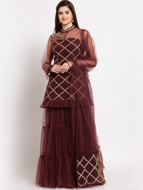 

KHALOM Women Maroon Embroidered Zardozi Kurti with Sharara & With Dupatta