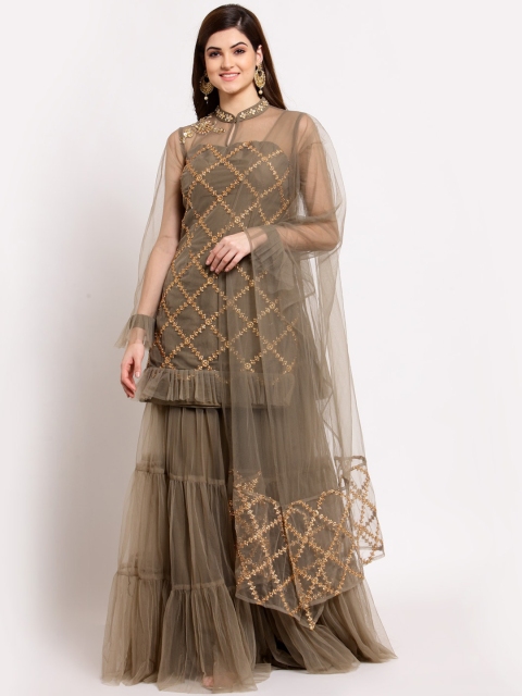 

KHALOM Women Beige Ethnic Motifs Embroidered Layered Zardozi Kurti with Sharara & Dupatta