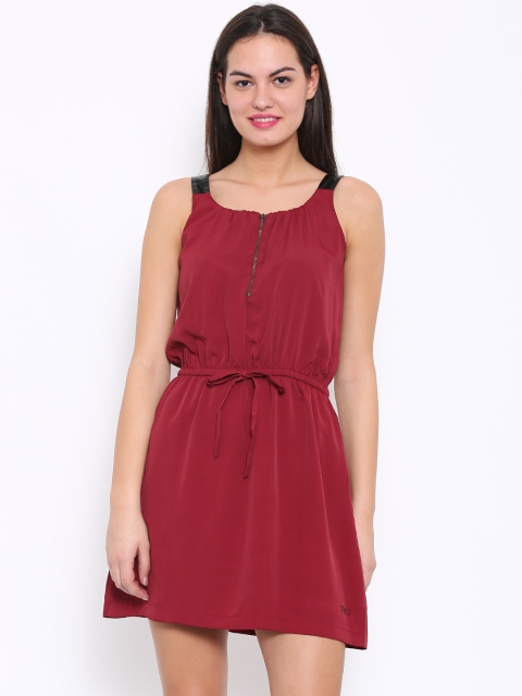 

Flying Machine Women Burgundy Solid A-Line Dress