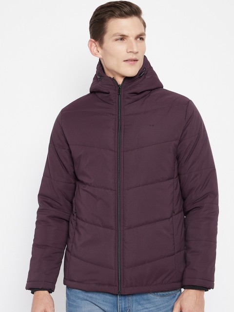 

Okane Men Burgundy Self Design Lightweight Hooded Padded Jacket