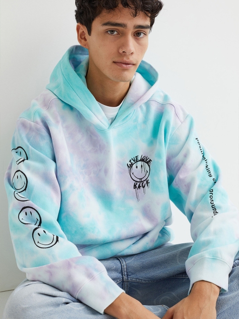 

H&M Men Turquoise Blue Relaxed Fit Motif-Detail Smiley Hoodie