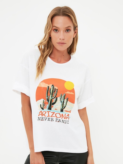 

Trendyol Women White & Orange Graphic Printed Pure Cotton T-shirt