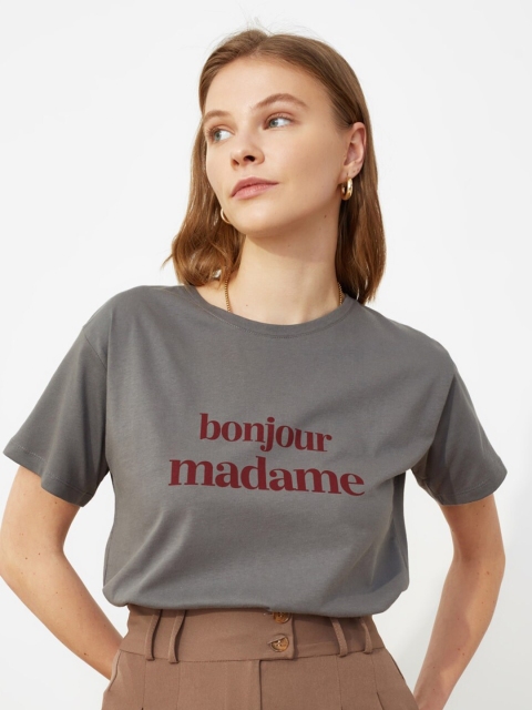 

Trendyol Women Beautiful Grey Typography Tshirt
