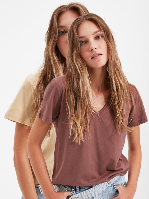 

Trendyol Women Set of 2 Multi V-Neck Pure Cotton T-shirt, Beige