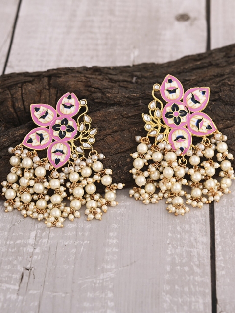 

VIRAASI Pink & Gold-Toned Meenakari Contemporary Drop Earrings