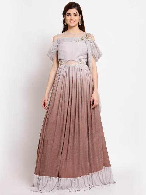 

KHALOM Grey & Brown Colourblocked Off-Shoulder Ethnic Maxi Dress