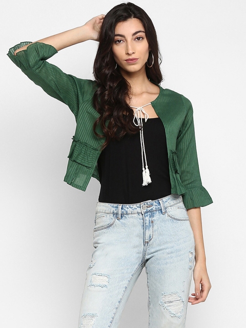 

DEEBACO Women Green Striped Ruffled Cotton Crop Tie-Up Shrug