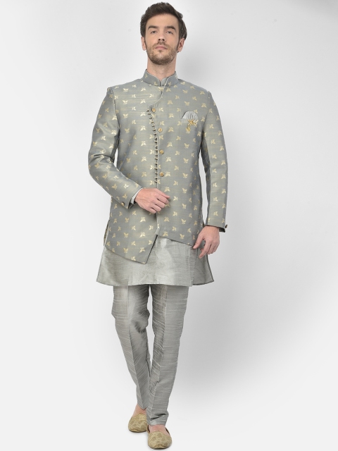 

SG RAJASAHAB Men Silver-Toned Ethnic Motifs Raw Silk Kurta with Pyjamas & Jacket