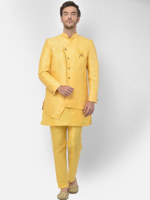

SG RAJASAHAB Men Gold-Toned Layered Raw Silk Kurta With Trousers & Waistcoat