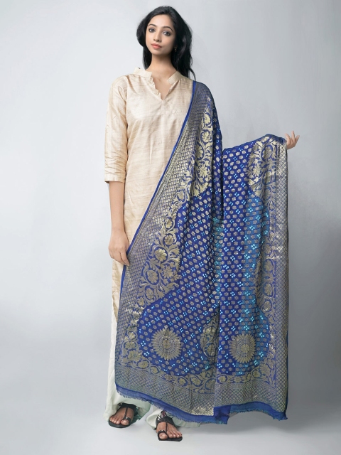 

Unnati Silks Blue & Gold-Toned Dyed Bandhani Dupatta with Zari