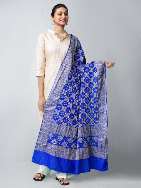 

Unnati Silks Blue & Gold-Toned Dyed Pure Silk Bandhani Dupatta with Zari