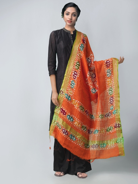 

Unnati Silks Orange Ethnic Motifs Dyed Linen Batik Dupatta