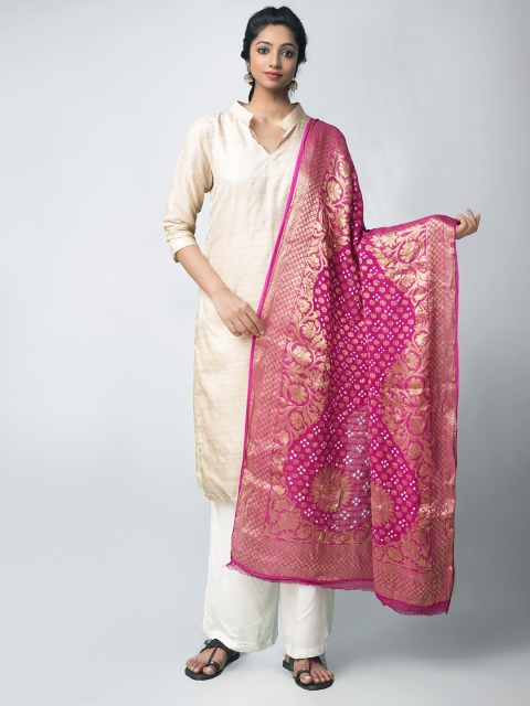 

Unnati Silks Pink & Gold-Toned Woven Design Bandhani Dupatta with Zari