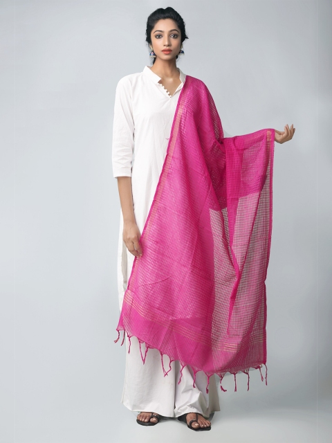 

Unnati Silks Pink & Gold-Toned Striped Pure Cotton Dupatta with Zari