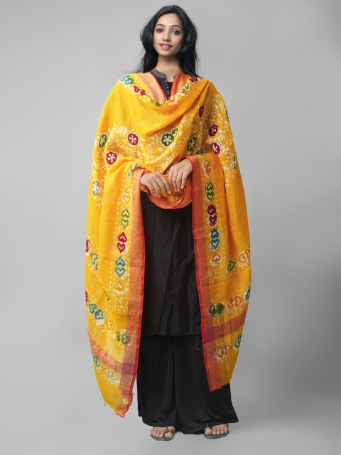 

Unnati Silks Yellow & Magenta Ethnic Motifs Dyed Linen Batik Dupatta