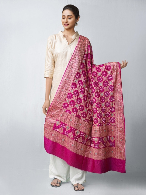 

Unnati Silks Pink & Gold-Toned Dyed Pure Silk Bandhani Dupatta with Zari