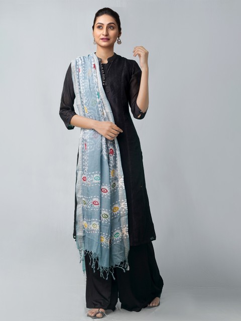 

Unnati Silks Grey & White Ethnic Motifs Dyed Pure Cotton Batik Dupatta