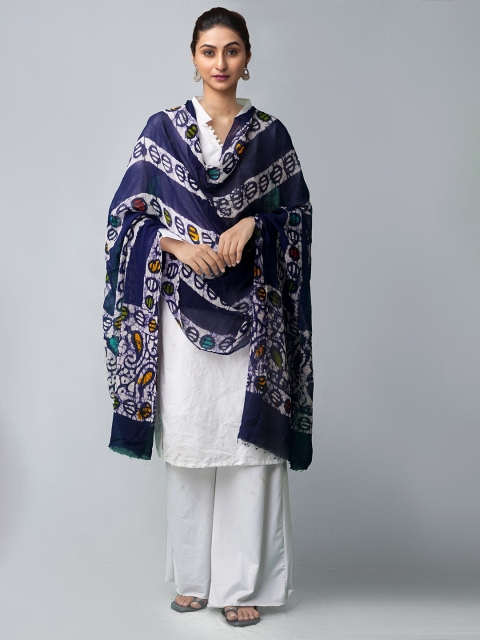 

Unnati Silks Blue & White Ethnic Motifs Dyed Batik Dupatta