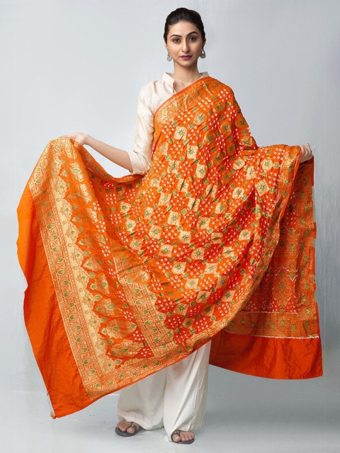 

Unnati Silks Orange & Gold-Toned Dyed Pure Silk Bandhani Dupatta with Zari