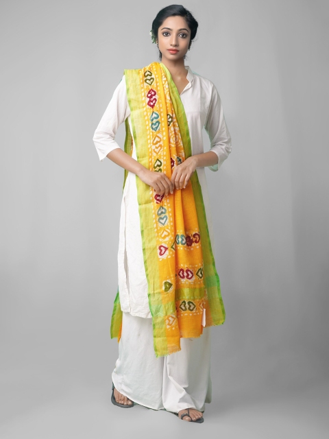 

Unnati Silks Yellow & Green Ethnic Motifs Dyed Linen Batik Dupatta