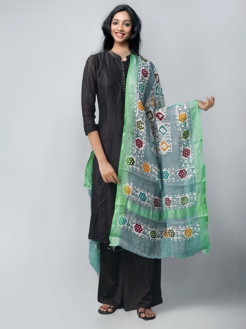

Unnati Silks Green & Grey Ethnic Motifs Dyed Linen Batik Dupatta