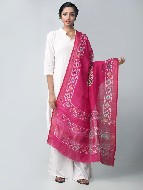 

Unnati Silks Pink & White Ethnic Motifs Dyed Linen Batik Dupatta