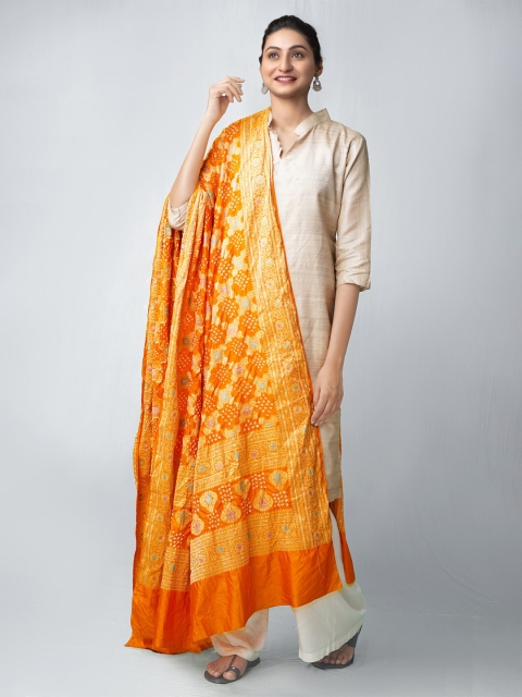 

Unnati Silks Orange & Gold-Toned Dyed Pure Silk Bandhani Dupatta with Zari