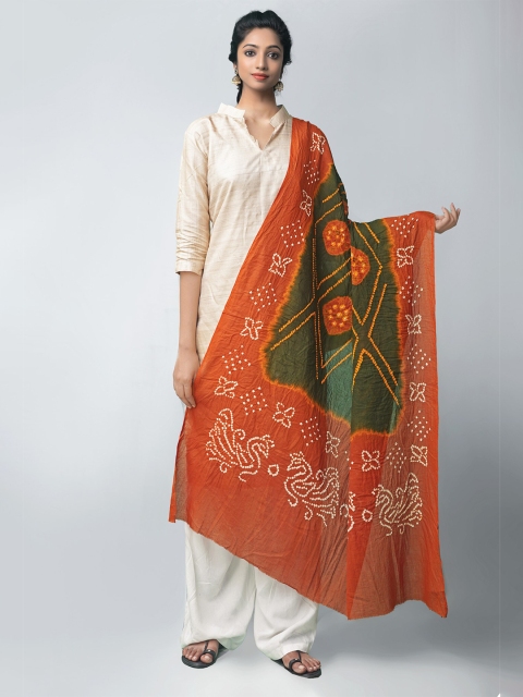 

Unnati Silks Green & Orange Dyed Pure Cotton Bandhani Dupatta