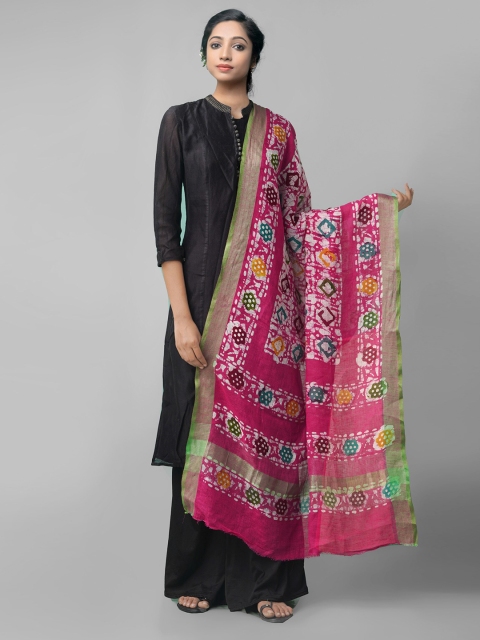 

Unnati Silks Pink & Green Ethnic Motifs Dyed Linen Batik Dupatta with Zari
