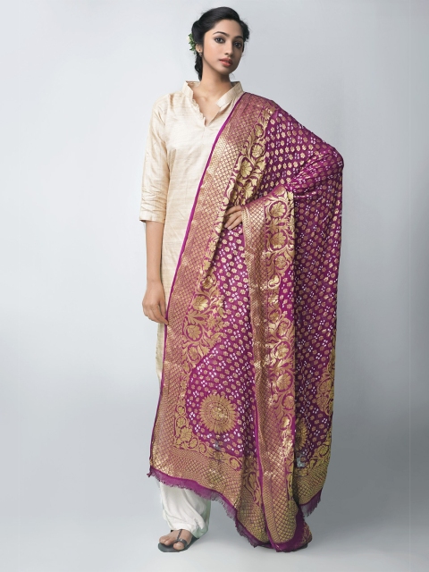 

Unnati Silks Purple & Gold-Toned Dyed Bandhani Dupatta with Zari