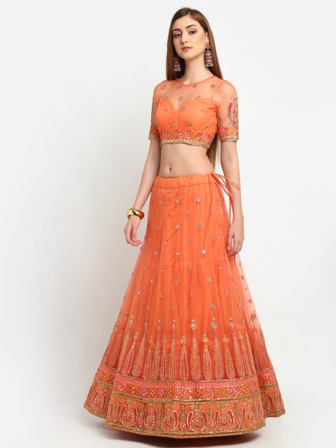 

panchhi Orange & Green Embroidered Thread Work Semi-Stitched Lehenga & Unstitched Blouse With Dupatta