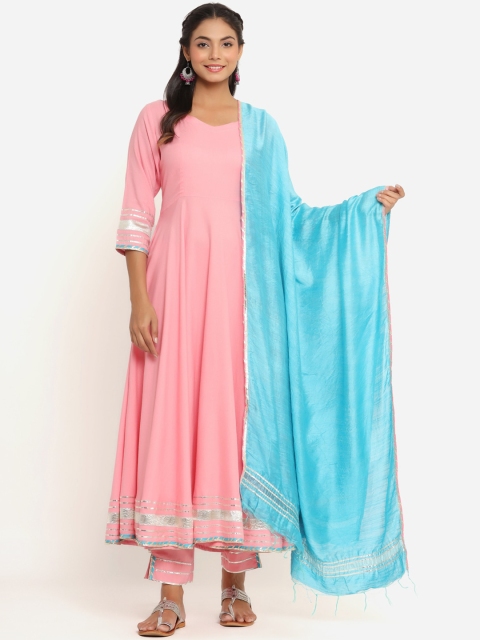 

PHEETA Women Pink & Blue Kurta With Trousers & Dupatta